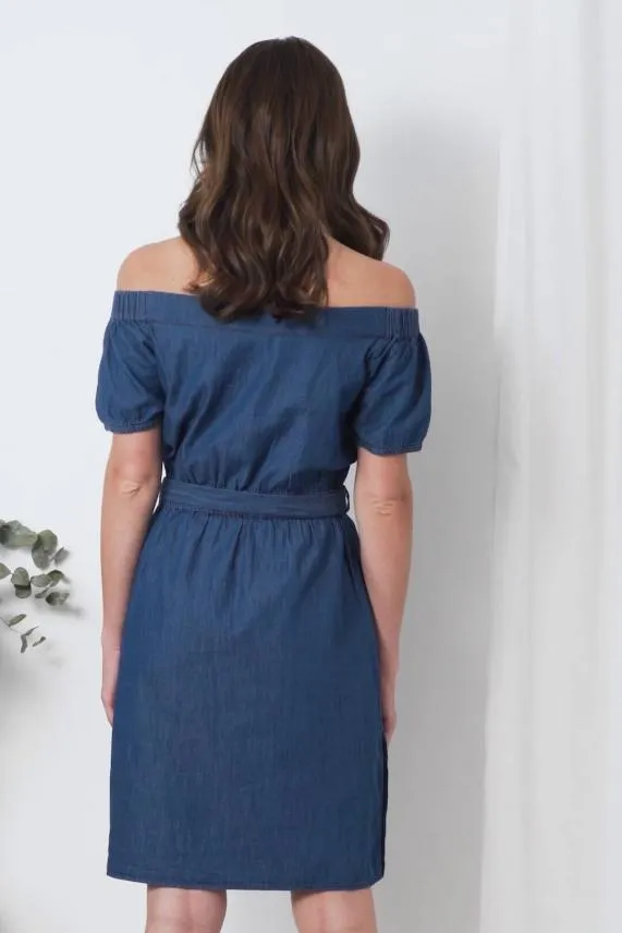 Sosandar Indigo Denim Bardot Dress With Pockets Indigo Women Dresses