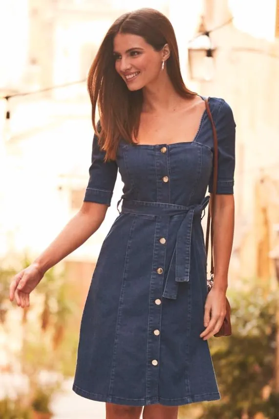 Sosandar Indigo Square Neck Button Front Belted Denim Dress Indigo Women Dresses Sosandar Indigo Square Neck Button Front Belted Denim Dress Indigo Women Dresses