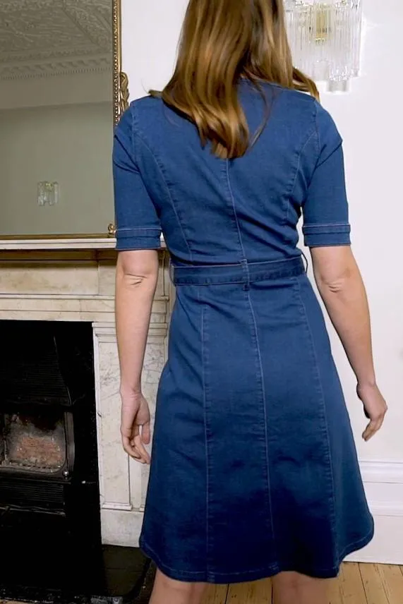 Sosandar Indigo Square Neck Button Front Belted Denim Dress Indigo Women Dresses