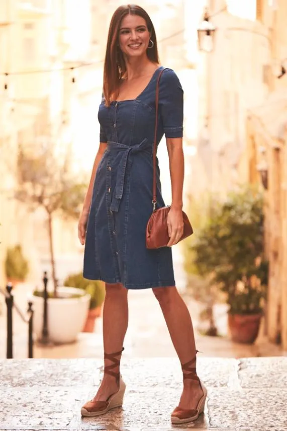 Sosandar Indigo Square Neck Button Front Belted Denim Dress Indigo Women Dresses