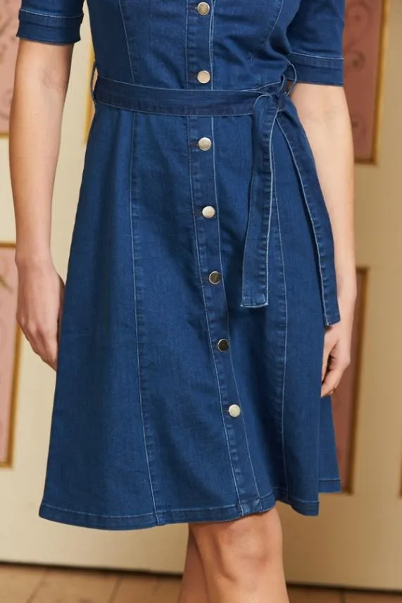 Sosandar Indigo Square Neck Button Front Belted Denim Dress Indigo Women Dresses