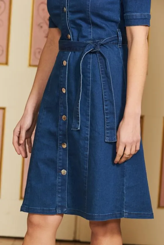 Sosandar Indigo Square Neck Button Front Belted Denim Dress Indigo Women Dresses