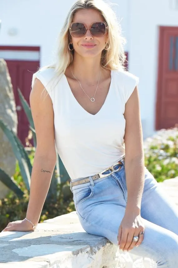 Sosandar Ivory Premium Jersey Padded Shoulder Vest Top With Gold Stud Detail Ivory Women Tops