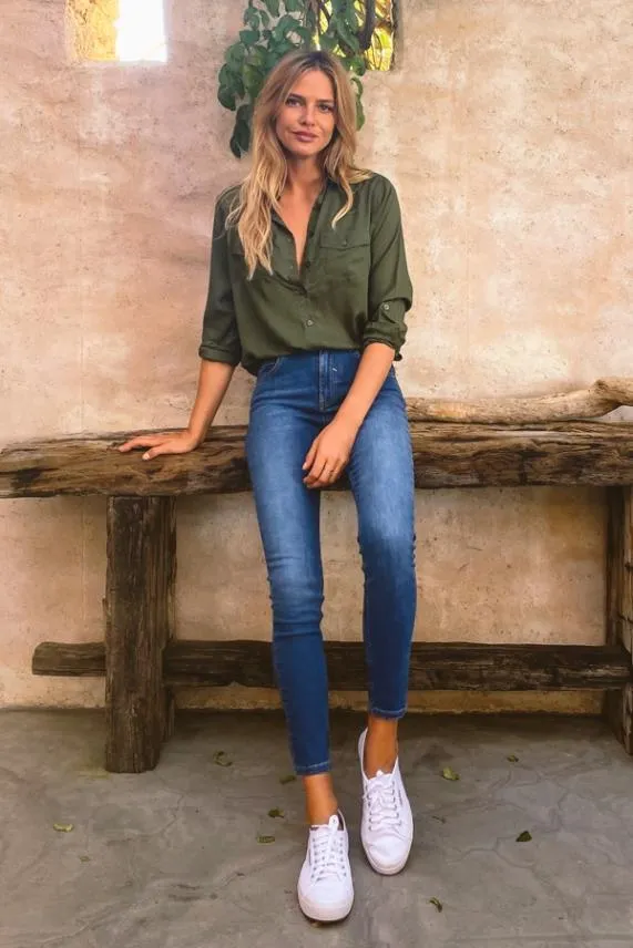 Sosandar Khaki Green Pocket Detail Utility Shirt Khaki Green Women Tops
