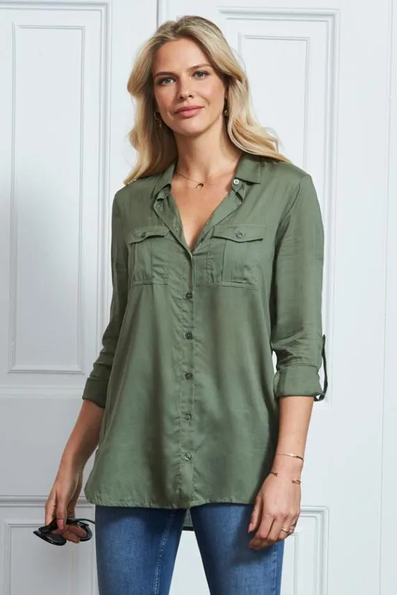 Sosandar Khaki Green Pocket Detail Utility Shirt Khaki Green Women Tops