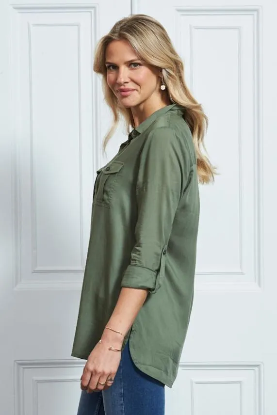 Sosandar Khaki Green Pocket Detail Utility Shirt Khaki Green Women Tops