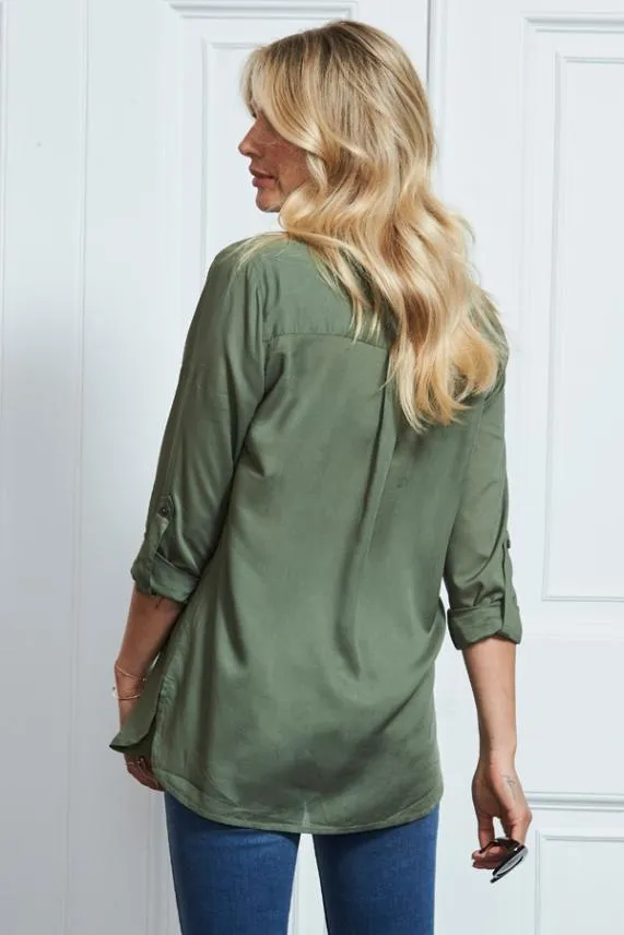 Sosandar Khaki Green Pocket Detail Utility Shirt Khaki Green Women Tops