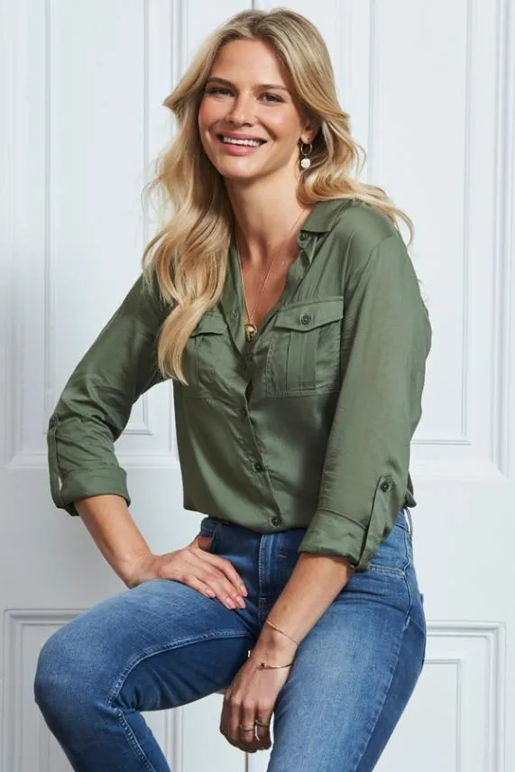 Sosandar Khaki Green Pocket Detail Utility Shirt Khaki Green Women Tops