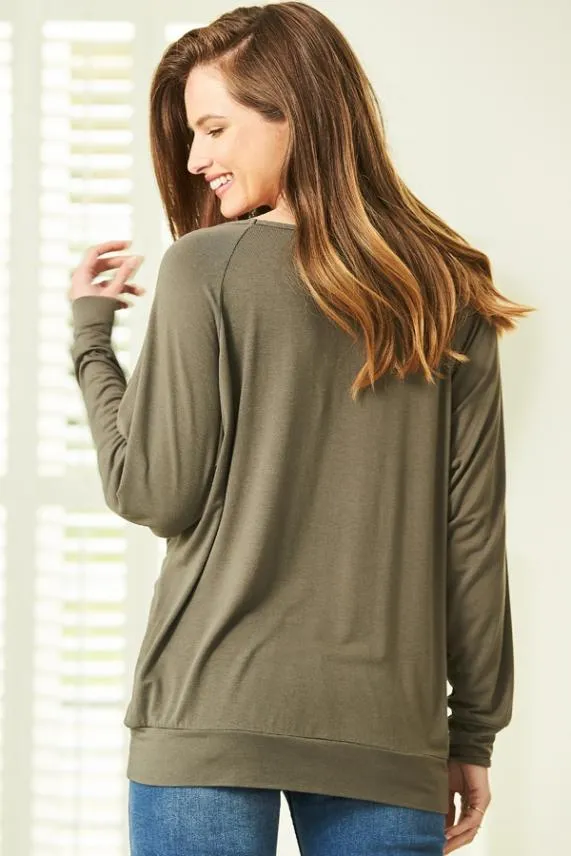 Sosandar Khaki Green Relaxed Fit Long Sleeve Top Khaki Green Women Leisurewear