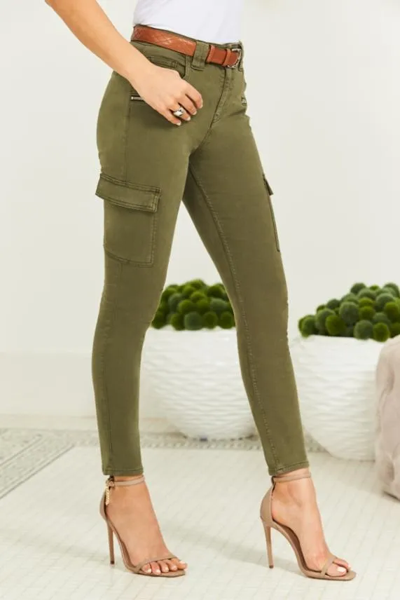 Sosandar Khaki Green Zip Detail Cargo Skinny Jeans Khaki Green Women Jeans and Jeggings
