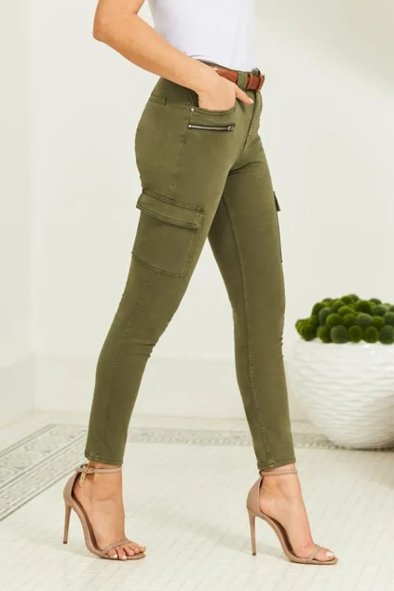 Sosandar Khaki Green Zip Detail Cargo Skinny Jeans Khaki Green Women Jeans and Jeggings