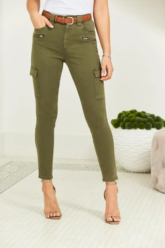 Sosandar Khaki Green Zip Detail Cargo Skinny Jeans Khaki Green Women Jeans and Jeggings