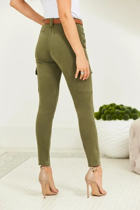 Sosandar Khaki Green Zip Detail Cargo Skinny Jeans Khaki Green Women Jeans and Jeggings