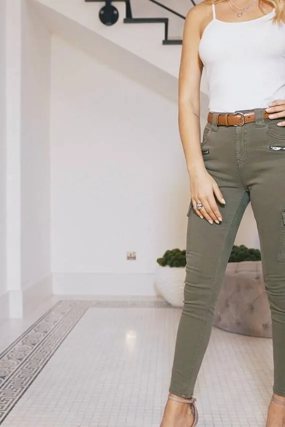 Sosandar Khaki Green Zip Detail Cargo Skinny Jeans Khaki Green Women Jeans and Jeggings