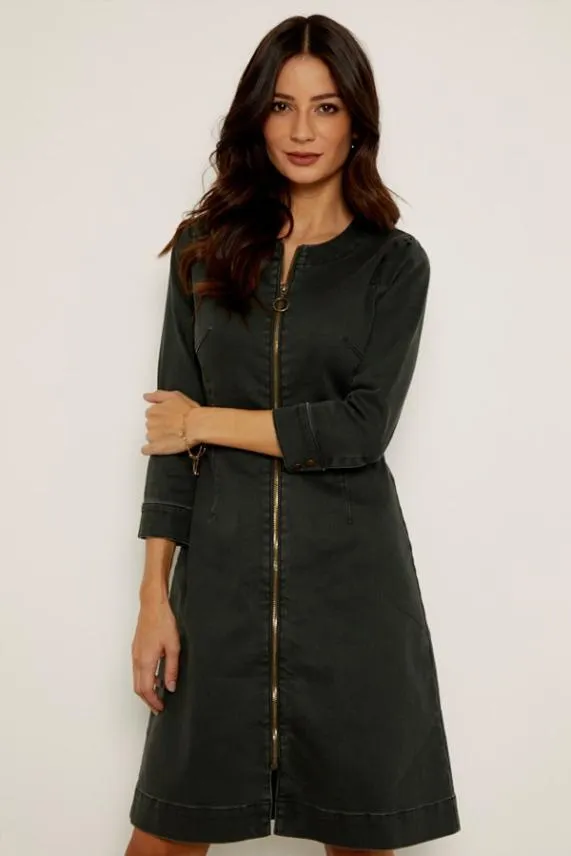 Sosandar Khaki Green Zip Front Collarless Stretch Denim Dress Khaki Green Women Dresses Sosandar Khaki Green Zip Front Collarless Stretch Denim Dress Khaki Green Women Dresses
