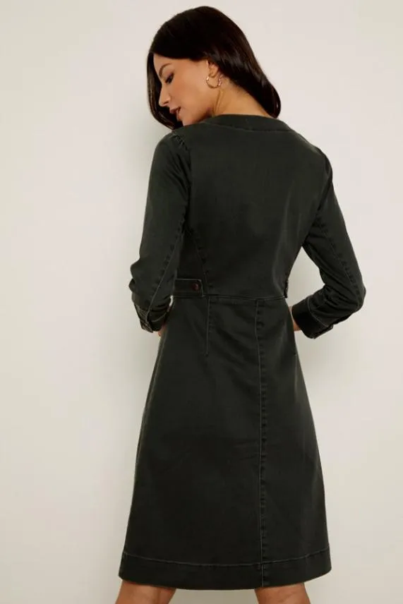 Sosandar Khaki Green Zip Front Collarless Stretch Denim Dress Khaki Green Women Dresses