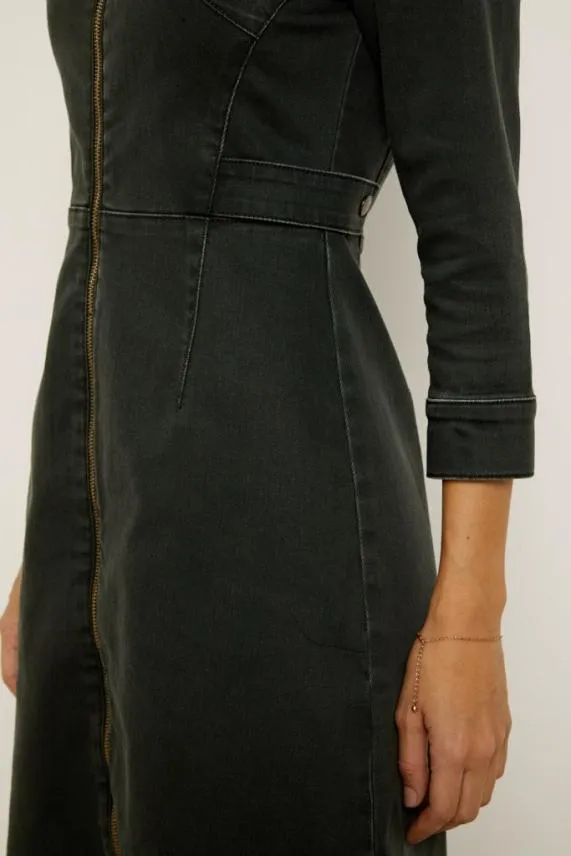 Sosandar Khaki Green Zip Front Collarless Stretch Denim Dress Khaki Green Women Dresses