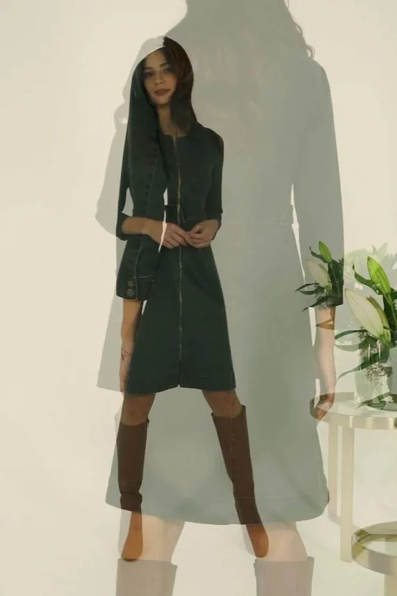Sosandar Khaki Green Zip Front Collarless Stretch Denim Dress Khaki Green Women Dresses