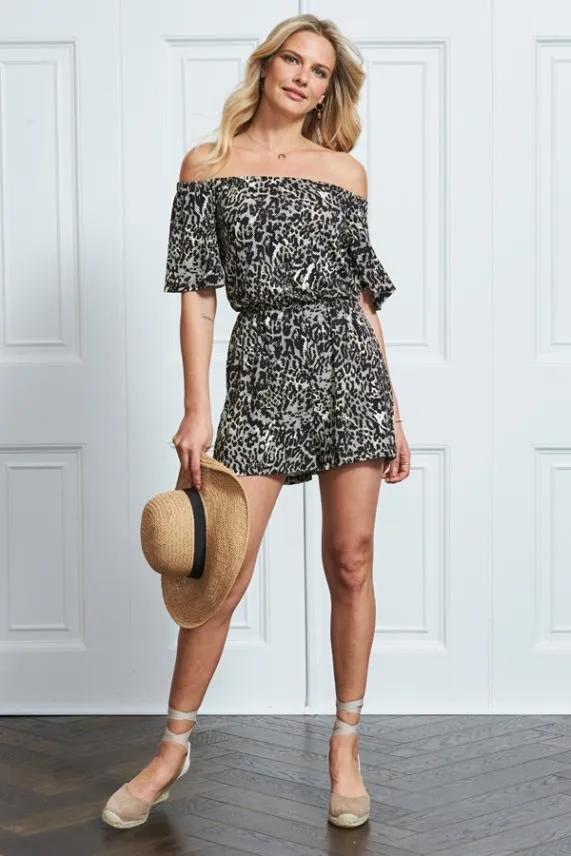 Sosandar Leopard Print Bardot Jersey Playsuit Women Jumpsuits and Playsuits