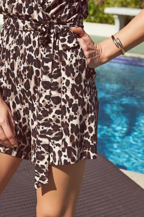 Sosandar Leopard Print Belted Jersey Playsuit With Pockets Women Jumpsuits and Playsuits