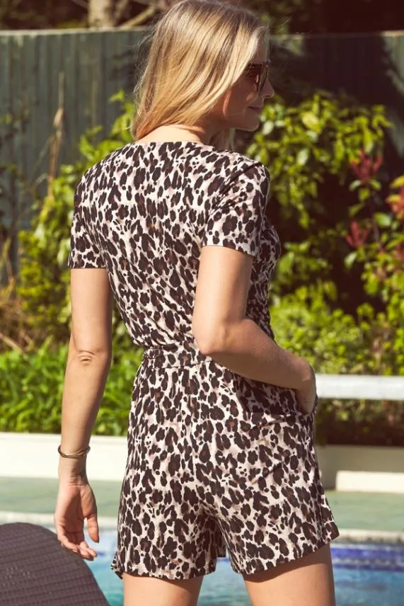 Sosandar Leopard Print Belted Jersey Playsuit With Pockets Women Jumpsuits and Playsuits