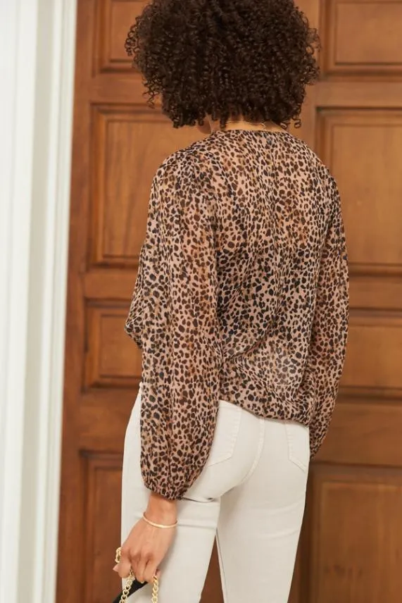 Sosandar Leopard Print Button Front Sheer Sleeve Blouse Women Tops