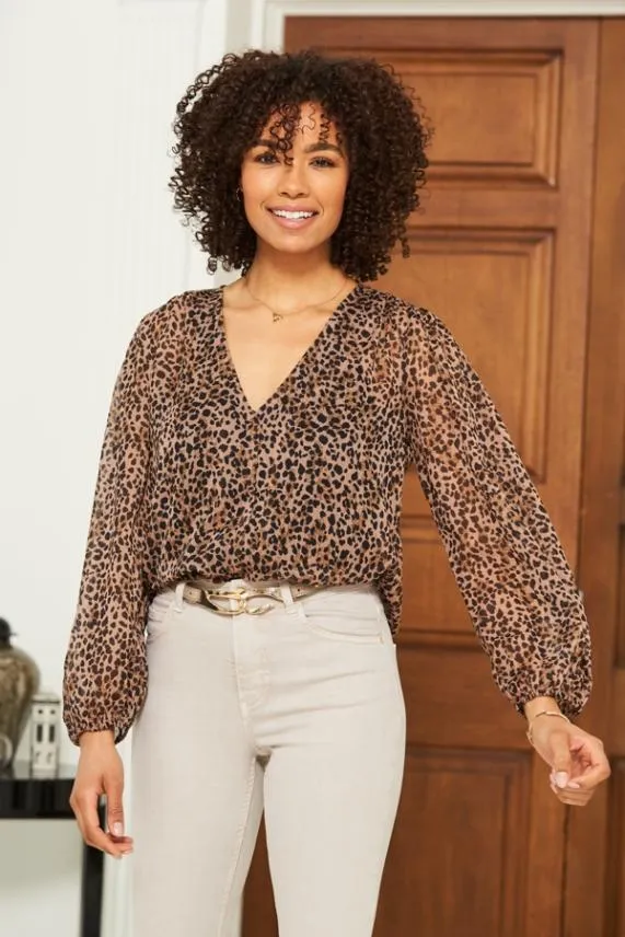 Sosandar Leopard Print Button Front Sheer Sleeve Blouse Women Tops