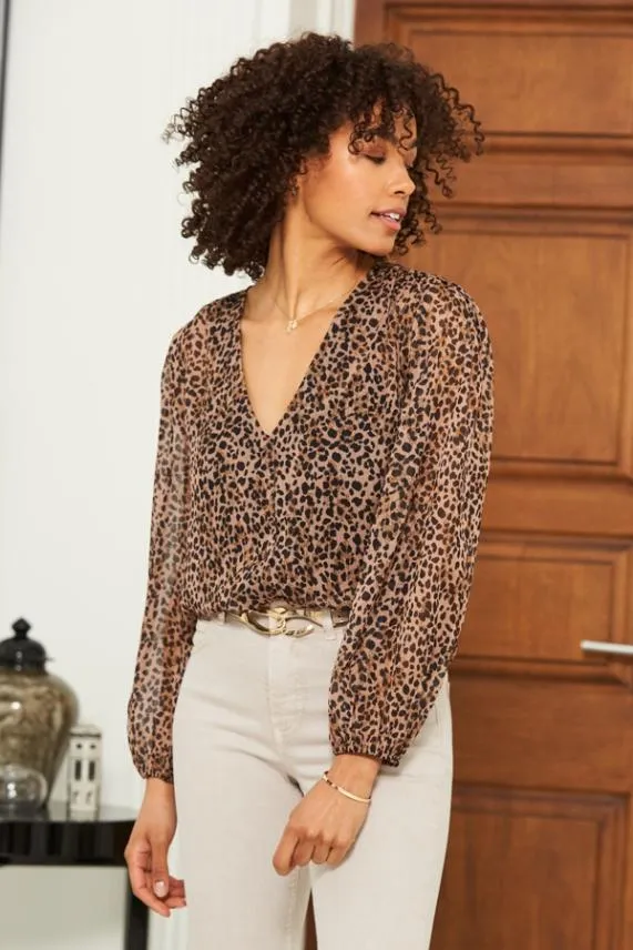 Sosandar Leopard Print Button Front Sheer Sleeve Blouse Women Tops