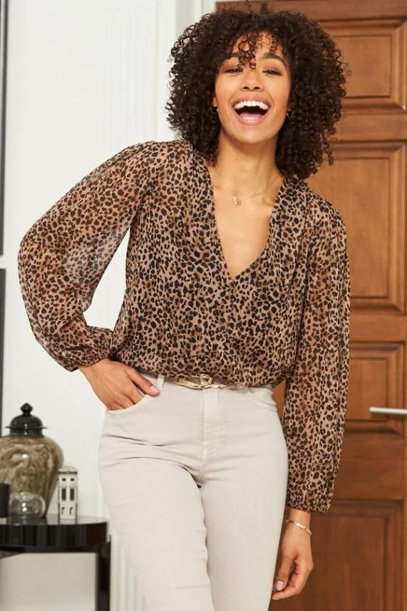 Sosandar Leopard Print Button Front Sheer Sleeve Blouse Women Tops