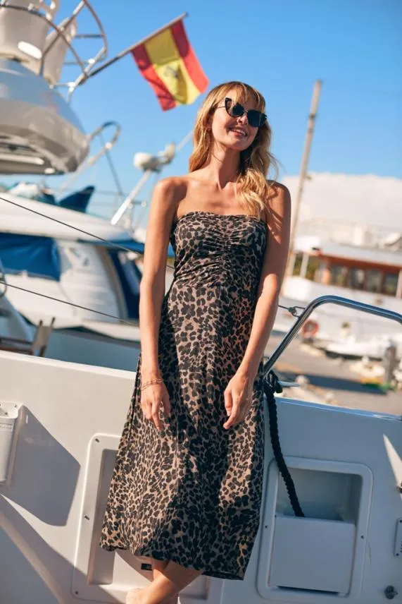 Sosandar Leopard Print Ruched Front Bandeau Dress Women Dresses