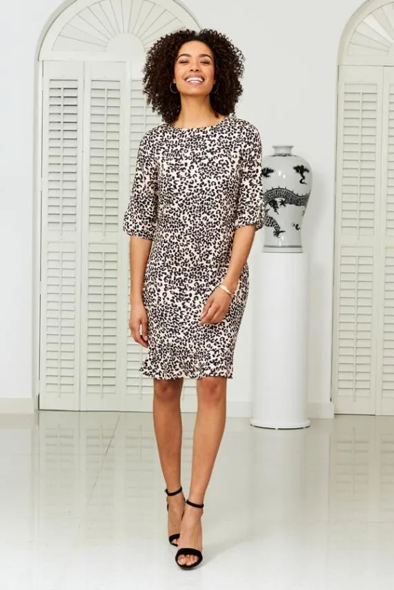 Sosandar Leopard Print Split Sleeve Ruffle Hem Shift Dress Women Dresses