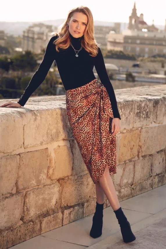 Sosandar Leopard Print Tie Front Wrap Skirt Women Skirts