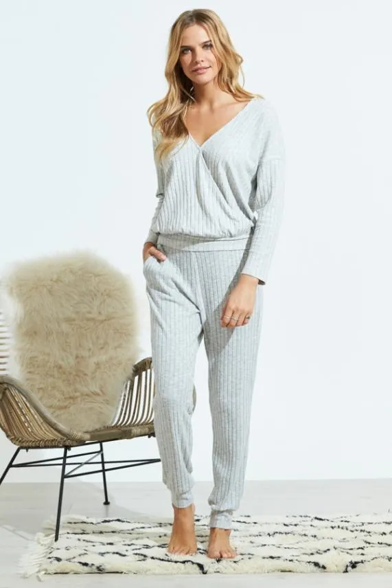 Sosandar Light Grey Knitted Rib Wrap Front Loungewear Top Light Grey Women Loungewear