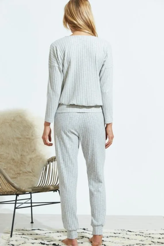 Sosandar Light Grey Knitted Rib Wrap Front Loungewear Top Light Grey Women Loungewear
