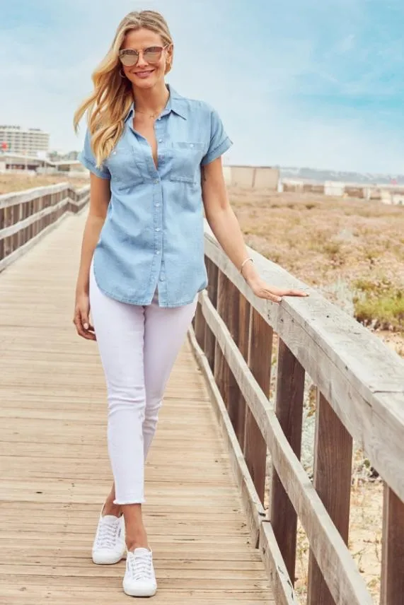 Sosandar Light Wash Short Sleeve Utility Denim Shirt Light Wash Women Tops