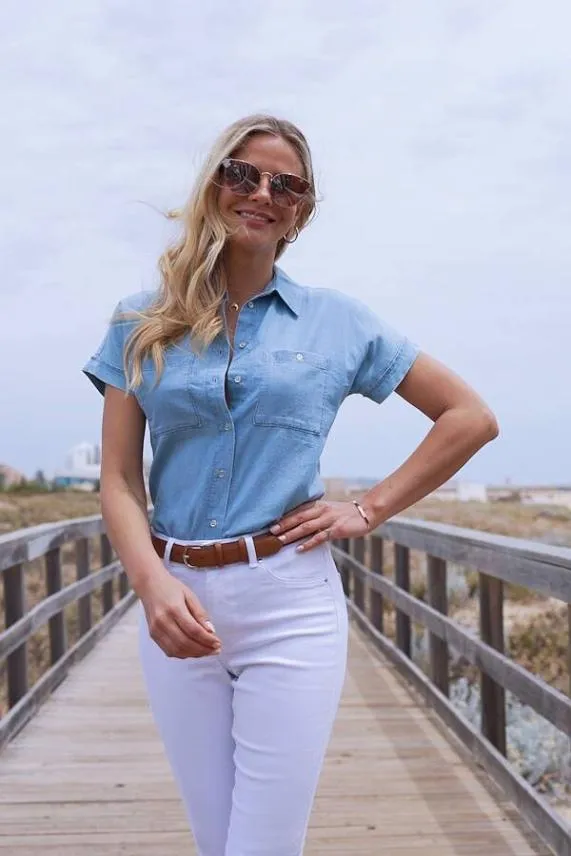 Sosandar Light Wash Short Sleeve Utility Denim Shirt Light Wash Women Tops