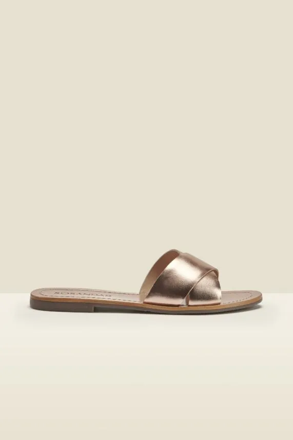 Sosandar Lisbon Rose Gold Leather Cross Strap Mule Flat Sandal Women Sandals and Flip Flops