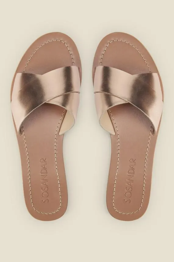 Sosandar Lisbon Rose Gold Leather Cross Strap Mule Flat Sandal Women Sandals and Flip Flops