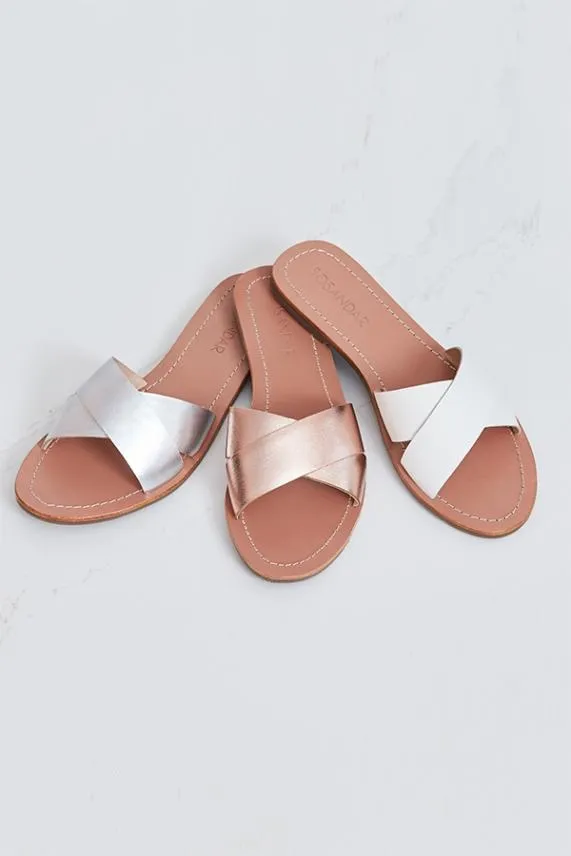 Sosandar Lisbon Rose Gold Leather Cross Strap Mule Flat Sandal Women Sandals and Flip Flops