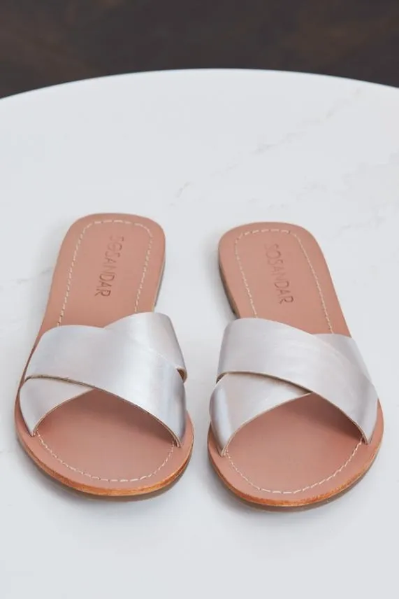 Sosandar Lisbon Silver Leather Cross Strap Mule Flat Sandal Silver Women Sandals and Flip Flops
