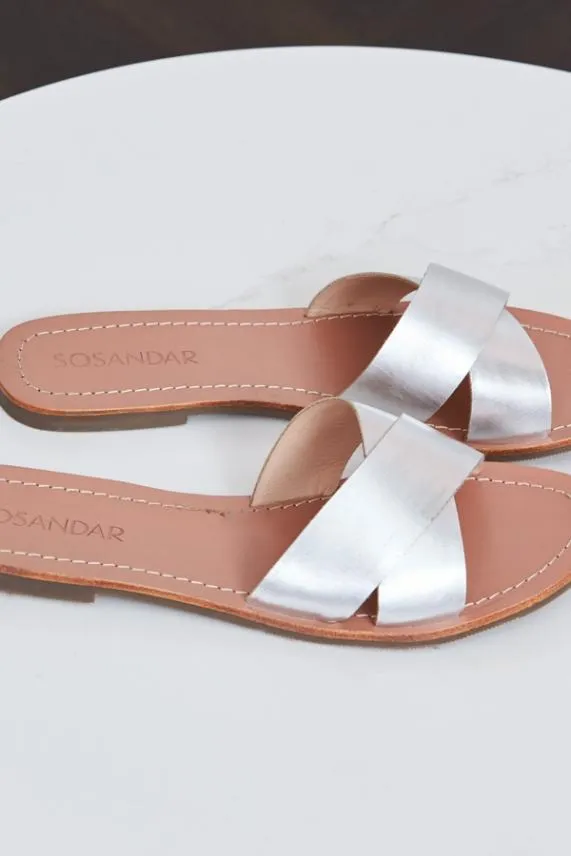 Sosandar Lisbon Silver Leather Cross Strap Mule Flat Sandal Silver Women Sandals and Flip Flops