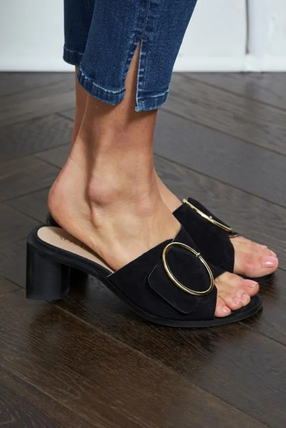 Sosandar Maddison Black Suede Mule Sandal With Gold Buckle Detail Black Women Sandals and Flip Flops Sosandar Maddison Black Suede Mule Sandal With Gold Buckle Detail Black Women Sandals and Flip Flops