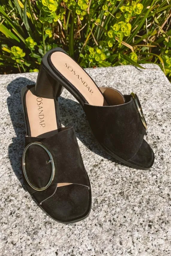 Sosandar Maddison Black Suede Mule Sandal With Gold Buckle Detail Black Women Sandals and Flip Flops