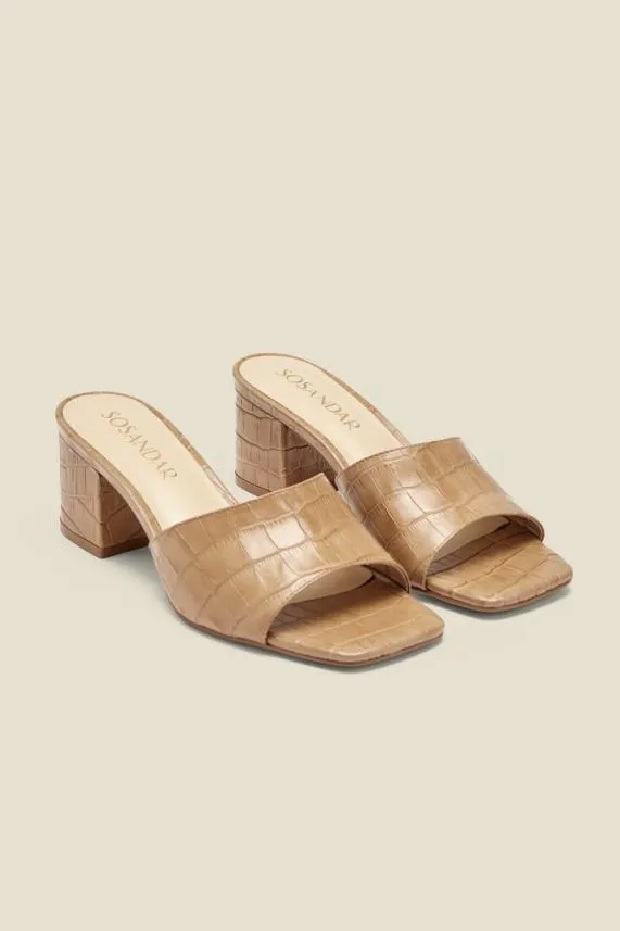 Sosandar Marley Camel Croc Leather Square Toe Mule Sandal Camel Women Sandals and Flip Flops
