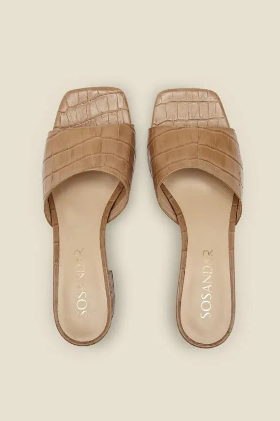 Sosandar Marley Camel Croc Leather Square Toe Mule Sandal Camel Women Sandals and Flip Flops