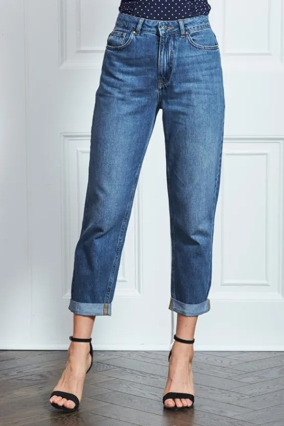 Sosandar Mid Blue Denim Girlfriend Jeans Mid Blue Women Jeans and Jeggings