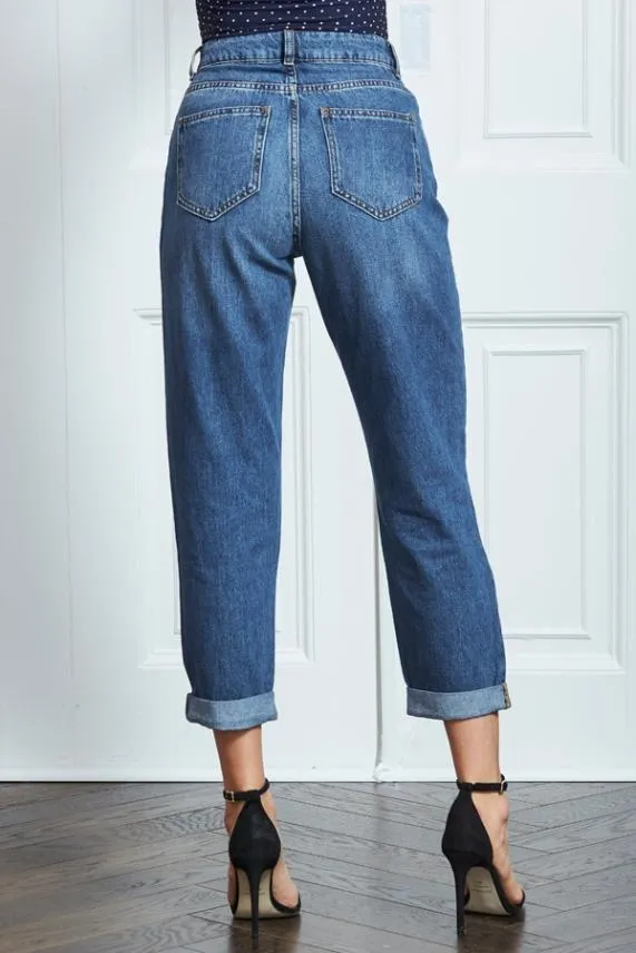 Sosandar Mid Blue Denim Girlfriend Jeans Mid Blue Women Jeans and Jeggings