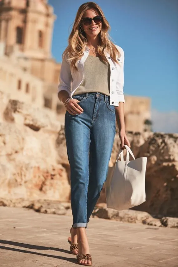 Sosandar Mid Blue Slim Leg Mom Jeans Mid Blue Women Jeans and Jeggings