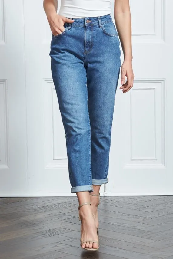 Sosandar Mid Blue Slim Leg Mom Jeans Mid Blue Women Jeans and Jeggings