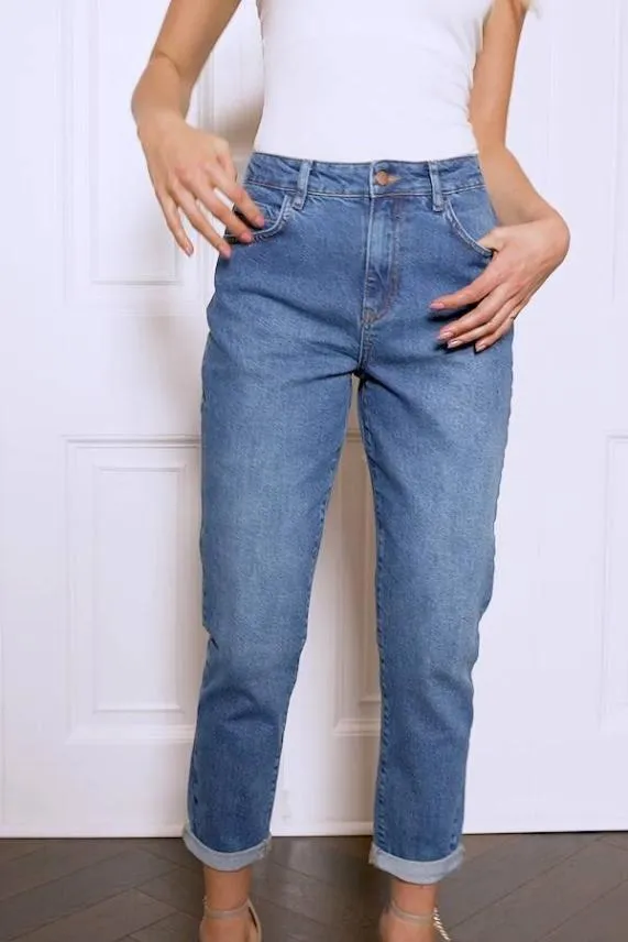 Sosandar Mid Blue Slim Leg Mom Jeans Mid Blue Women Jeans and Jeggings